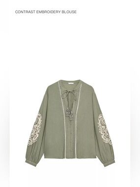 ZARA NWT, Embroidered Tie-Neck Blouse in Olive, size S